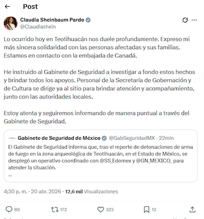 El posteo en X de la presidente de México sobre el tiroteo